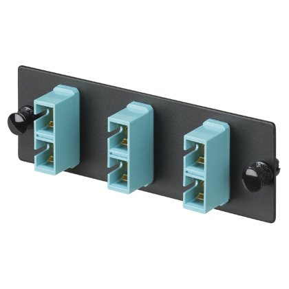 SC 10Gig ™ OM3 / OM4 FAP fosfor bronz bölünmüş kollu üç SC 10Gig ™ Dubleks Multimode Fiber Optik Adaptörleri (Aqua) ile yüklendi.
