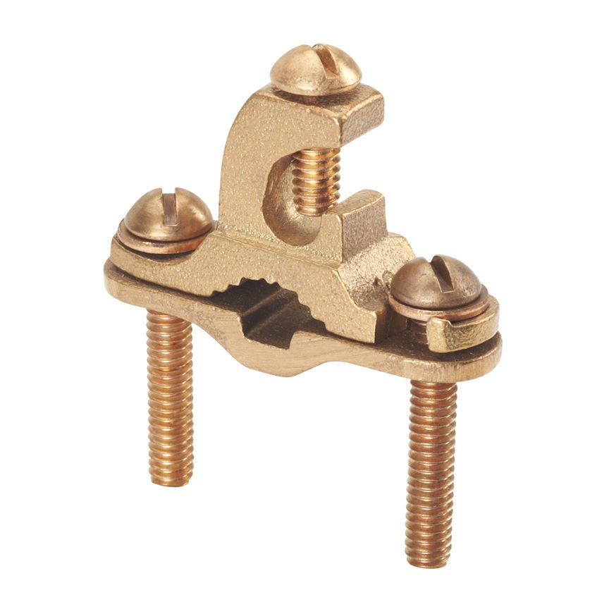 Bronz topraklama kelepçesi lay-özelliğini, doğrudan gömülme, boru iletken paralel 10. SOL - 2. STR iletken boyutu aralığı, 1/2'' - 1'' (12.7 mm - 25,4 mm), demir boru boyutu, 1.65'' (41.9 aa) boru kelepçesi vida uzunluğu.