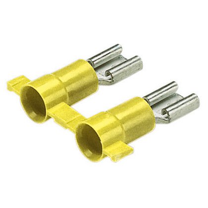 titreşime dayanıklı dişi bağlantı kesme pirinç ve kalay kaplama mesafesindedir. Sarı vinil mahfaza içinde yalıtımlı varil. Bu 0.250 x 0.032'' bir sekme boyutuna sahiptir (6.3 x 0.8 mm) ve destekler 12-10 AWG (4,0-6,0 mm²) bir tel aralığı. Bu 0.95'' olan (