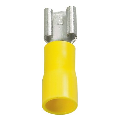 titreşime dayanıklı dişi bağlantı kesme pirinç ve kalay kaplama mesafesindedir. Sarı vinil mahfaza içinde yalıtımlı varil. Bu 0.250 x 0.032'' bir sekme boyutuna sahiptir (6.3 x 0.8 mm) ve destekler 12-10 AWG (4,0-6,0 mm²) bir tel aralığı. Bu 1.04'' olan (