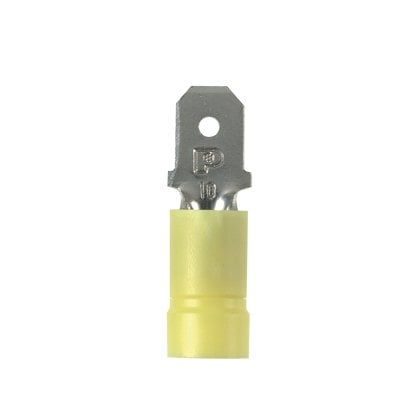 titreşime dayanıklı bir erkek bağlantı kesme bakır ve nikel kaplama olup edilir. Sarı vinil mahfaza içinde yalıtımlı varil. Bu 0.250 x 0.032'' bir sekme boyutuna sahiptir (6.3 x 0.8 mm) ve destekler 12-10 AWG (4,0-6,0 mm²) bir tel aralığı. Bu 0.98'' olan 