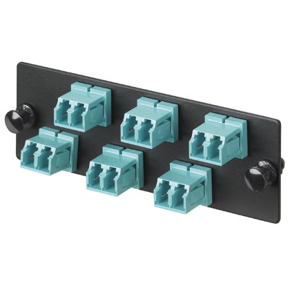 LC 10Gig ™ OM3 / OM4 FAP fosforlu bronz bölünmüş kollu altı LC 10Gig ™ Dubleks Çoklu fiber optik Adaptörleri (Aqua) ile yüklendi.
