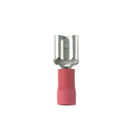 titreşime dayanıklı dişi bağlantı kesme pirinç ve kalay kaplama mesafesindedir. Kırmızı vinil mahfaza içinde yalıtımlı varil. Bu 0.250 x 0.032'' bir sekme boyutuna sahiptir (6.3 x 0.8 mm) ve destekler 22-18 AWG (0.5-1.0 mm²) bir tel aralığı. Bu 0.81'' ola