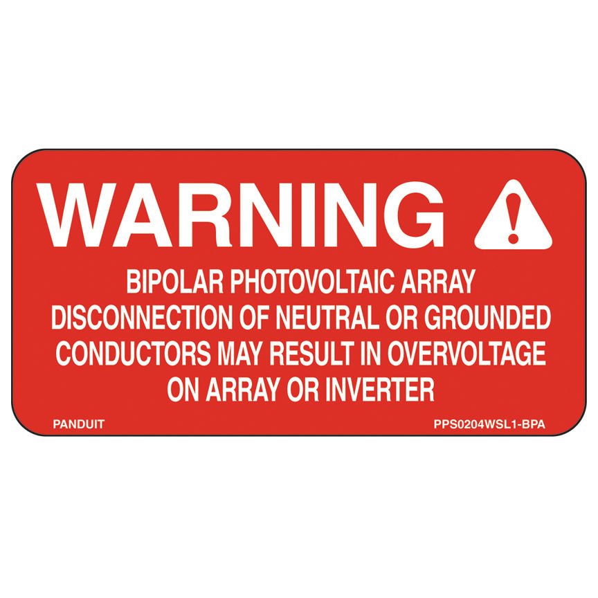 Güneş etiket, 2.0'' beyaz W (50.8mm x 101.6mm), başlık uyarı 'bipolar fotovoltaik dizi kopukluk ...' (şekli), polyester yapışkan, kırmızı / 50 etiket / silindir, 50 silindir / paket H 4.0'' x.