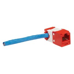 Kategori 6, RJ45, 8-konumunda, 8 telli genel modülü. Dik açılı tel kap kablo modülünün sağ veya sol tarafa sona sağlar. Beyaz.
