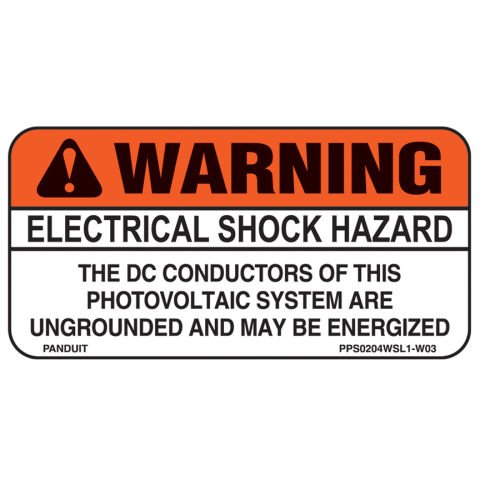 Güneş etiket, 2.0'' H x 4.0'' W (50.8mm x 101.6mm) 'elektrik çarpması tehlikesi, bu fotovoltaik sistemin akım iletkenleri topraklanmamış olan ve enerji olabilir' (şekli), polyester yapışkan, portakal başlık ve siyah / pompa çıkışı uyarı beyaz, 50 etiket /