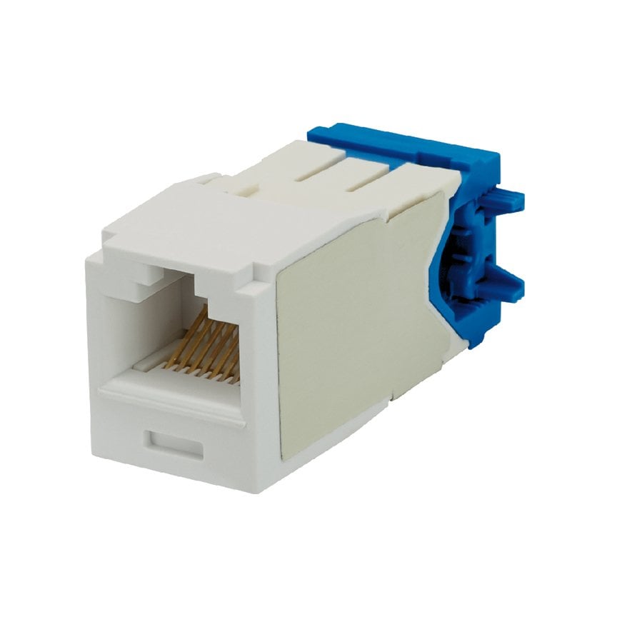 Kategori 6A, RJ45, 10 Gb / s, 8-konumunda, 8 telli genel modülü. Dik açılı tel kap kablo modülünün sağ tarafına sona sağlar. Patent bekleyen matris bölünmüş folyo bant, Kapalı Beyaz içerir.