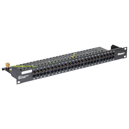 Kategori 3 ISDN / telefon düz patch panel siyah 50-delikli, (1 RU).