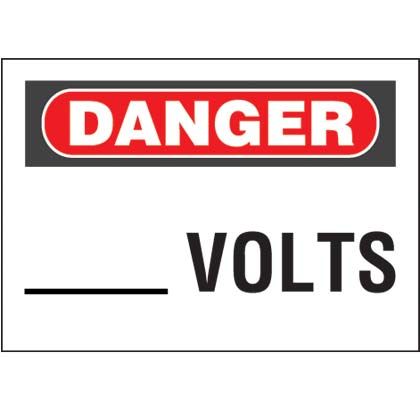 Poliester yapışkan işaret, 7.0'' W, tehlike başlık '_____ Volt' (gösterge), polyester yapışkan, kırmızı ve siyah / beyaz, 1 işareti / kart, 1 kartı / paket H 10.0'' x.