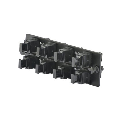 Opticom® MPO FAP ile yüklü sekiz (8) anahtar-up / anahtar aşağı siyah Opticom® veya Opticom® QuickNet ™ Patch Paneller ve Fiber Kutuları, yatay olarak yönlendirilmiş MPO fiber optik adaptörler,.