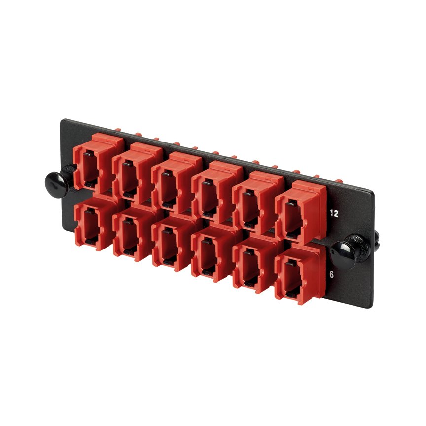 onsekiz (18) ile yüklü Opticom® 100G MPO elyaf adaptör paneli (FAP) tipi bir anahtar-yukarı / anahtar aşağı kırmızı MPO fiber optik adaptörler, yatay yönelimi.