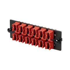 onsekiz (18) ile yüklü Opticom® 100G MPO elyaf adaptör paneli (FAP) tipi bir anahtar-yukarı / anahtar aşağı kırmızı MPO fiber optik adaptörler, yatay yönelimi.
