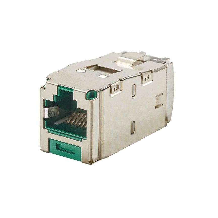 Kategori 6A, RJ45, 10 Gb / s, 8-konumunda, yeşil, 8 telli genel yekpare kalkan siyah modülü korumalı.