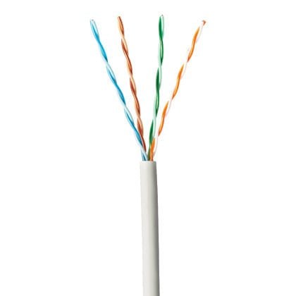 Geliştirilmiş bakır kablo, kategori 5e UTP, düşük duman sıfır halojen (LSZH), 4-çift iletkenler HDPE yalıtımlı 24 AWG yapı, çift bükülmüş ve beyaz bir LSZH ceket ile korunur.
