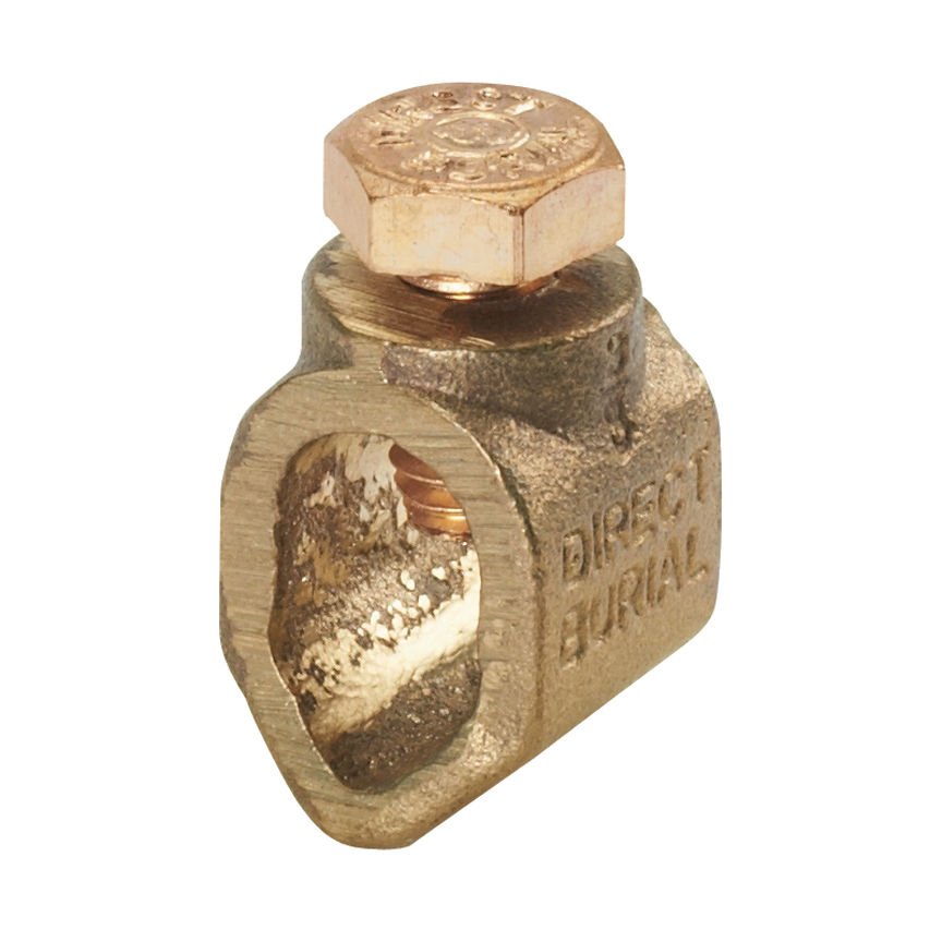 Bronz zemin çubuk kelepçesi, ağır, direkt gömü, 5/8'' (15.9mm) zemin çubuk boyutu, 8. SOL - 1/0 STR AWG iletken boyutu aralığı, 1/2'' (12.7mm) altıgen kafa boyutu, 1.42'' (36.1mm) döküm yüksekliği, 0.99'' (25.1mm) genişliği döküm.