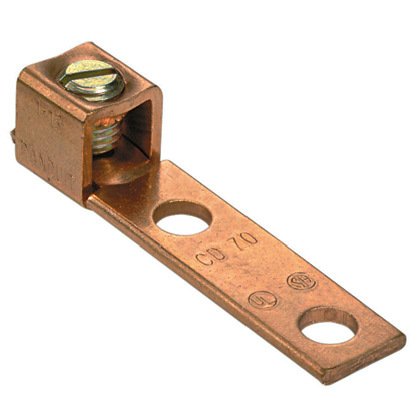 İki delikli, bakır, tek kovan, düz dil kulağı, altıgen anahtar vida, 1/0 AWG kayan - 500 kcmil, 3/8 (9.5 mm) içinden saplama deliği.