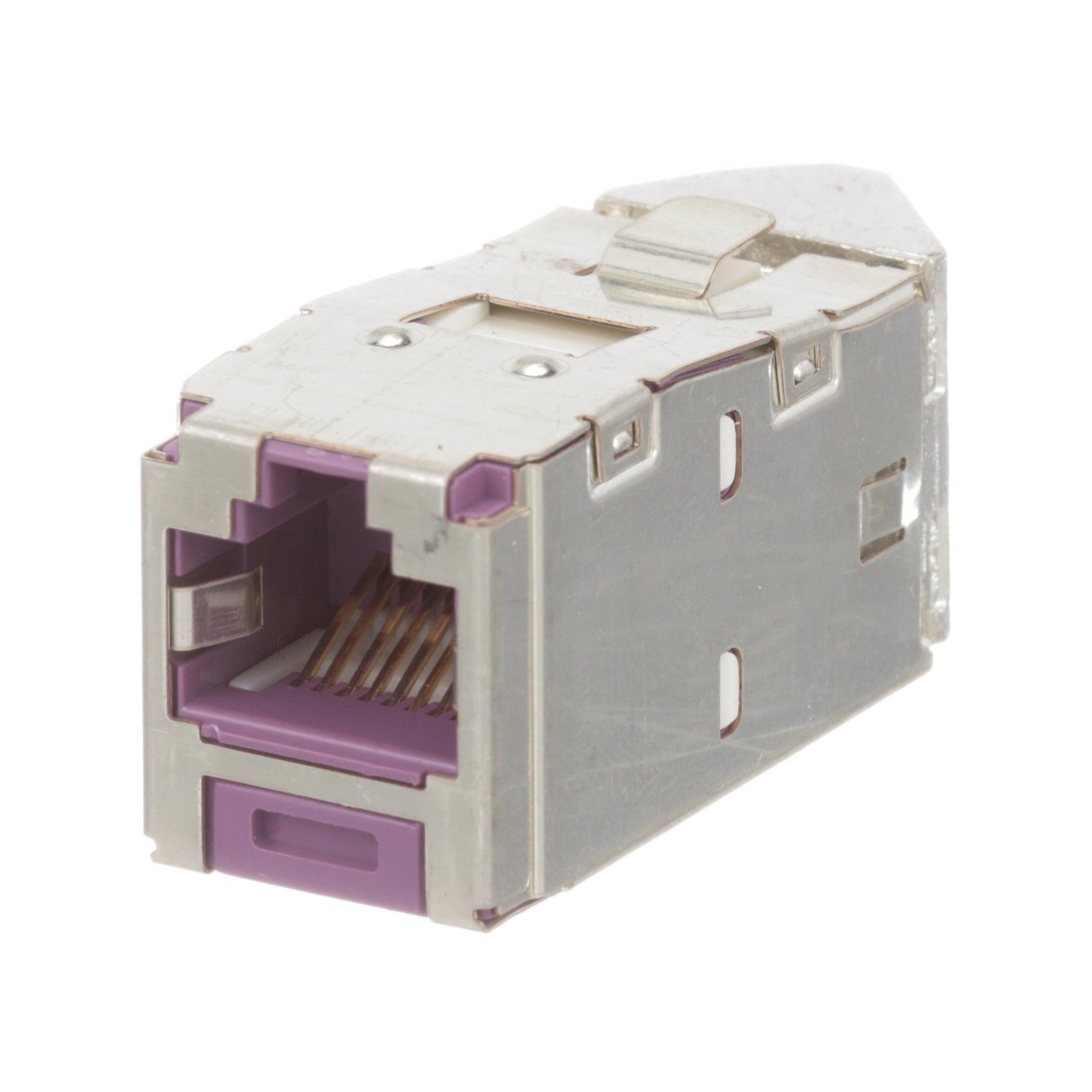 Kategori 6A / Sınıf EA ve Kategori 6 / E sınıfı, 8-pozisyonunda Açılı Korumalı Jak Modül 4-çift 22-26AWG sona erer, 100 ohm bükülmüş çift kablo ve aletin aşağı zımbanın kullanımını gerektirmez eder. Açılı Korumalı jakı Modülleri seçeneğini sağlayacaktır
