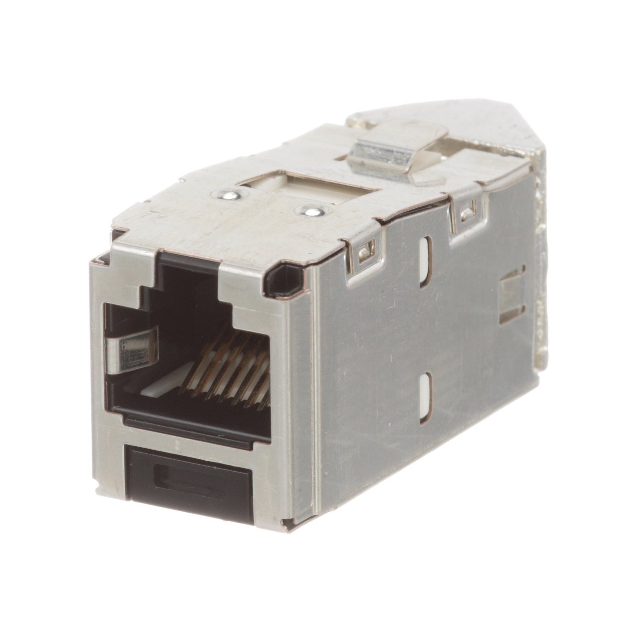 Kategori 6A / Sınıf EA ve Kategori 6 / E sınıfı, 8-pozisyonunda Açılı Korumalı Jak Modül 4-çift 22-26AWG sona erer, 100 ohm bükülmüş çift kablo ve aletin aşağı zımbanın kullanımını gerektirmez eder. Açılı Korumalı jakı Modülleri seçeneğini sağlayacaktır