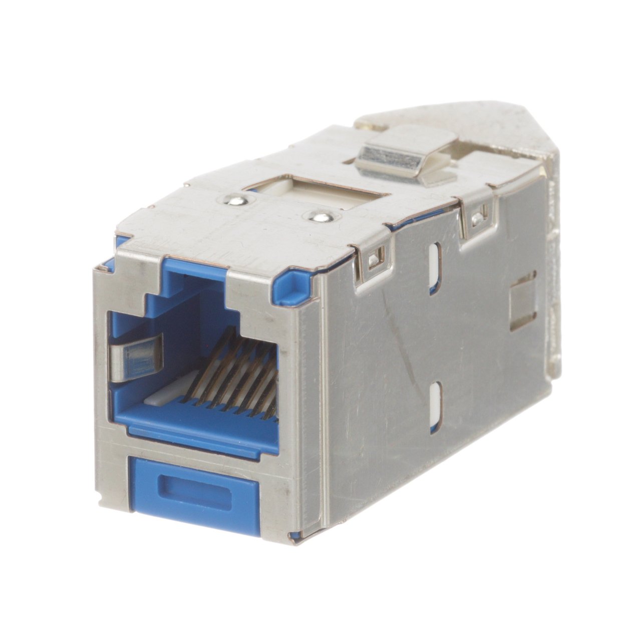 Kategori 6A / Sınıf EA ve Kategori 6 / E sınıfı, 8-pozisyonunda Açılı Korumalı Jak Modül 4-çift 22-26AWG sona erer, 100 ohm bükülmüş çift kablo ve aletin aşağı zımbanın kullanımını gerektirmez eder. Açılı Korumalı jakı Modülleri seçeneğini sağlayacaktır