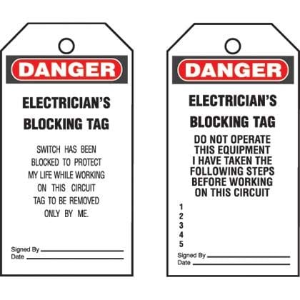 Yazma güvenlik etiketi, 3.00'' 'Electricians etiketi bloke ..', H, tehlike başlığını W 5.75'' x 5 etiketler ve bağları / paket, kırmızı ve siyah / beyaz (gösterge), yarı-katı vinil.