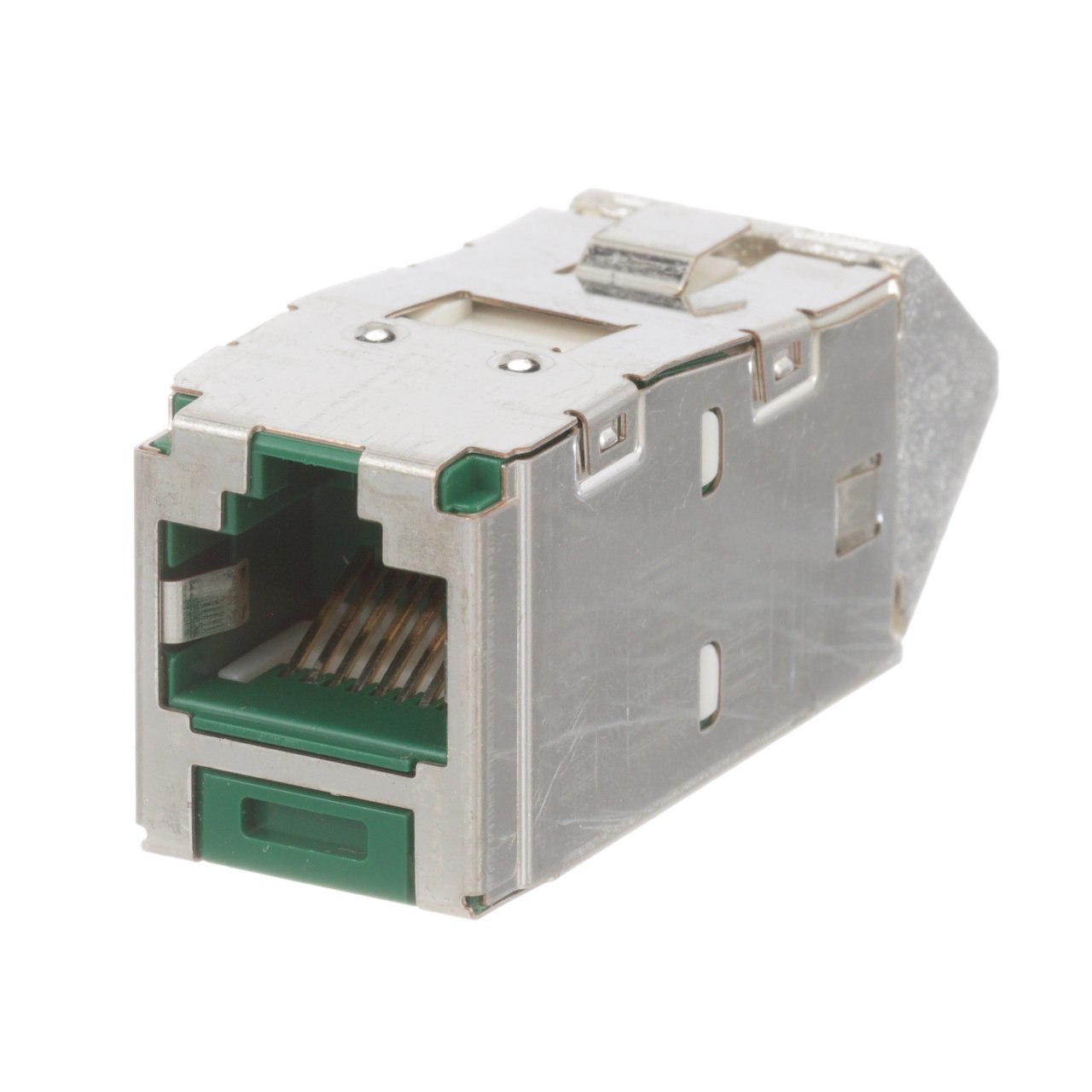 Kategori 6A / Sınıf EA ve Kategori 6 / E sınıfı, 8-pozisyonunda Açılı Korumalı Jak Modül 4-çift 22-26AWG sona erer, 100 ohm bükülmüş çift kablo ve aletin aşağı zımbanın kullanımını gerektirmez eder. Açılı Korumalı jakı Modülleri seçeneğini sağlayacaktır
