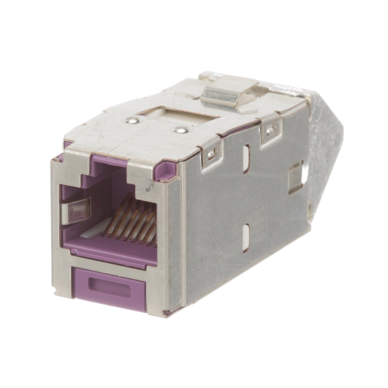 Kategori 6A / Sınıf EA ve Kategori 6 / E sınıfı, 8-pozisyonunda Açılı Korumalı Jak Modül 4-çift 22-26AWG sona erer, 100 ohm bükülmüş çift kablo ve aletin aşağı zımbanın kullanımını gerektirmez eder. Açılı Korumalı jakı Modülleri seçeneğini sağlayacaktır