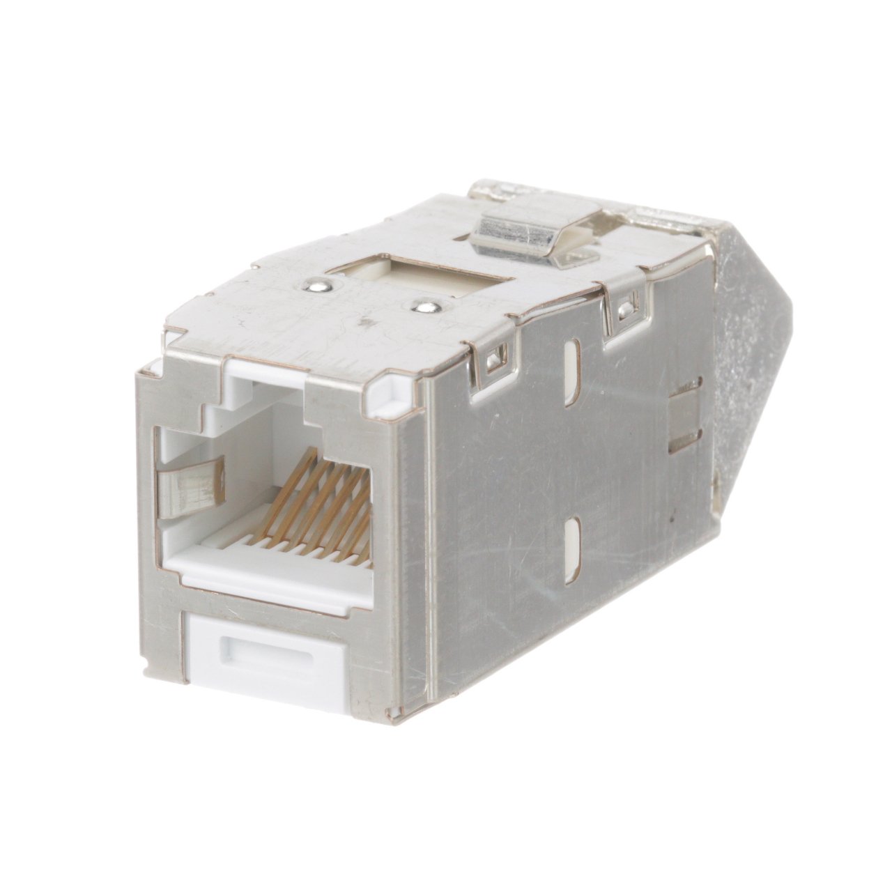 Kategori 6A / Sınıf EA ve Kategori 6 / E sınıfı, 8-pozisyonunda Açılı Korumalı Jak Modül 4-çift 22-26AWG sona erer, 100 ohm bükülmüş çift kablo ve aletin aşağı zımbanın kullanımını gerektirmez eder. Açılı Korumalı jakı Modülleri seçeneğini sağlayacaktır