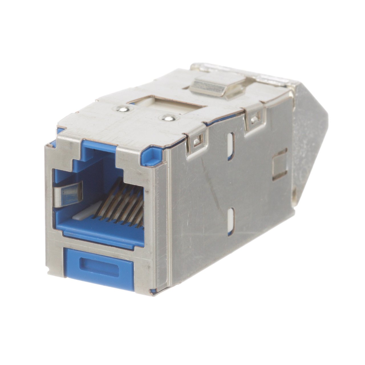 Kategori 6A / Sınıf EA ve Kategori 6 / E sınıfı, 8-pozisyonunda Açılı Korumalı Jak Modül 4-çift 22-26AWG sona erer, 100 ohm bükülmüş çift kablo ve aletin aşağı zımbanın kullanımını gerektirmez eder. Açılı Korumalı jakı Modülleri seçeneğini sağlayacaktır