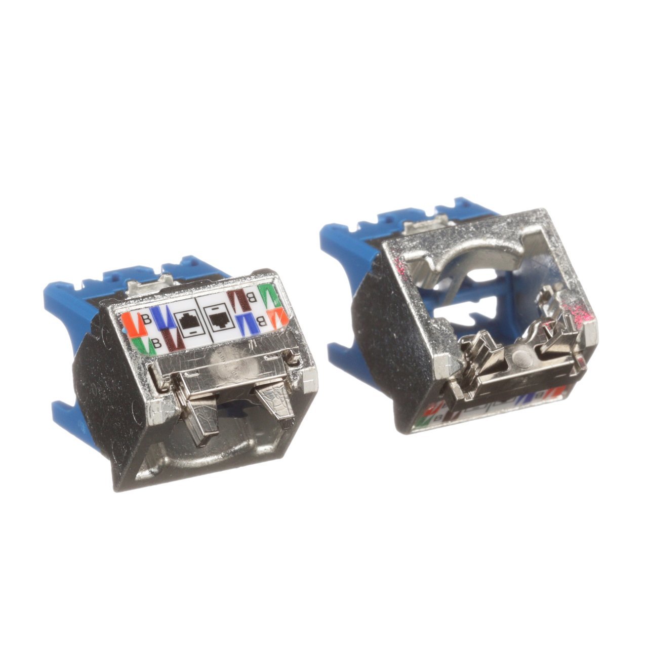 Kategori 6A / Sınıf EA ve Kategori 6 / E sınıfı, 8-pozisyonunda Açılı Korumalı Jak Modül 4-çift 22-26AWG sona erer, 100 ohm bükülmüş çift kablo ve aletin aşağı zımbanın kullanımını gerektirmez eder. Açılı Korumalı jakı Modülleri seçeneğini sağlayacaktır