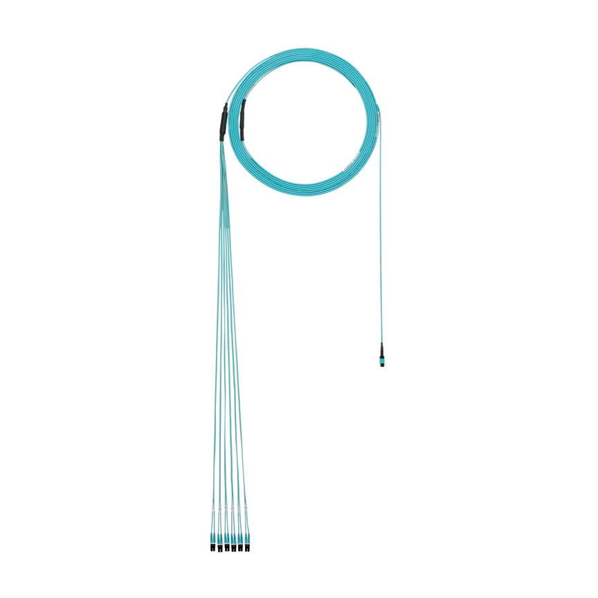 OM4 12 fiber iç küçük çaplı gövde kablo düzeneği olup, düşük duman sıfır halojen (LSZH), MPO kadın LC çift yönlü olarak, Standart IL puan., Son A, 40 metre üzerine bir çekme gözle.