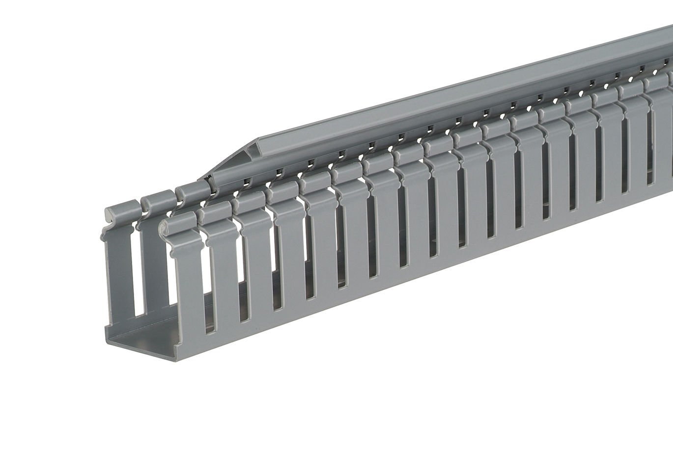 Panduct® tip H kapak geniş yarık kablo kanalı, 1.5 G x 3H, 6' uzunlukta, PVC, açık gri menteşeli.