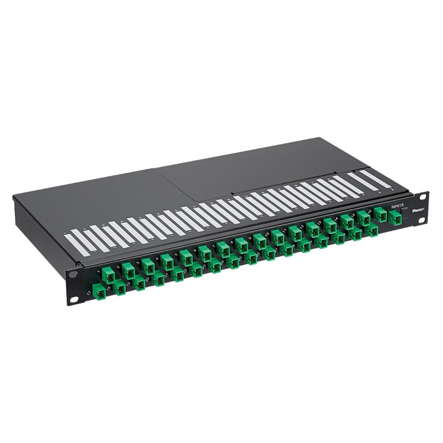 Optik Bölücü Tepsi, 2x16 bölünmüş, çift ekleme giriş, 16 SC / APC çıkışları, 19'' , PLC monte raf