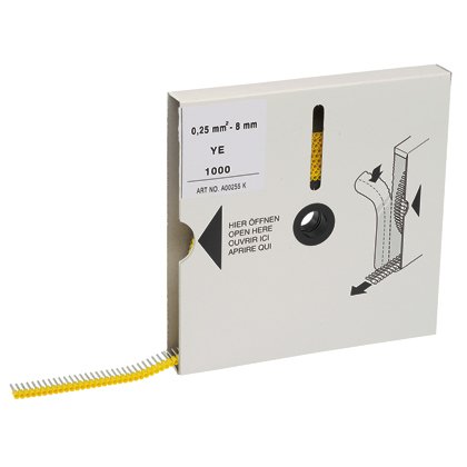 Yalıtımlı yüksükleri, mini makara üzerinde bir sarı tel DİN manşonlar, # 24 AWG (0.25mm²) tel boyutu, 0.31 (8.0 mm) Pim uzunluğu.