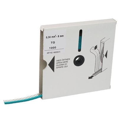 İzoleli yüksükleri, mini makara tek tel turkuaz DIN terminal manşonlar, # 22 AWG (0.34mm²) Kablo Boyutu, 0.31 (8.0mm) Pim uzunluğu.