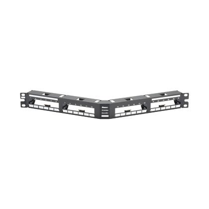 24 bağlantı siyah korumalı kumanda paneli QuickNet korumalı kaset ve bir patch panel adaptörleri ile sonlanan ön kabul açılı. (1 RU).
