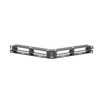 açılı 48 bağlantı siyah yüksek yoğunluklu patch panel korumalı QuickNet korumalı kaset ve bir patch panel adaptörleri ile sonlanan ön kabul eder. (1 RU).