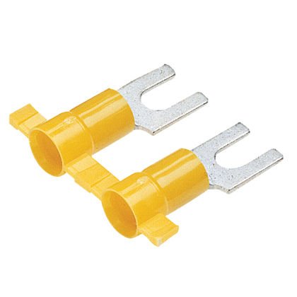 Çatal terminal, vinil izolasyonlu, huni girişi, plastik yalıtım kıvrım, 12-10 AWG kablo aralığı, 10. saplama boyutu.