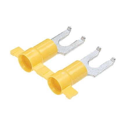 Flanşlı çatal terminal, vinil izolasyonlu, huni girişi, plastik yalıtım kıvrım, 12-10 AWG kablo aralığı, 10. saplama boyutu.