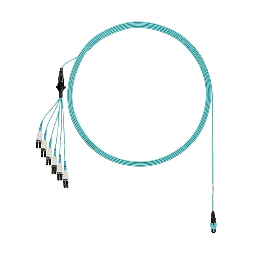 OM4 12 fiber, montaj yuvarlak kablo demeti kablo, düşük duman sıfır halojen (LSZH) alan, LC Uniboot için PanMPO erkek Std, 1 adet uzun çift kademeli. IL. Aqua, 23 metre mesafededir.