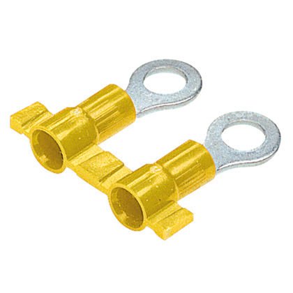 Halka terminal vinil yalıtılmış, huni girişi, plastik yalıtım kıvrım, 12-10 AWG kablo aralığı, 6. saplama boyutu.