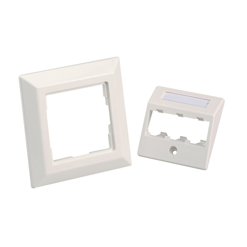 bir 55mm x 55mm eğimli aynası, Mini Com 80mm x 80mm koruyucu çerçeve çerçeve kiti üç Mini-Com modülleri kabul eder. montaj vidasını metal montaj plakası, etiket ve etiket kapağı dahildir. Arktik Beyaz.