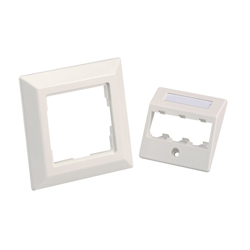 bir 55mm x 55mm eğimli aynası, Mini Com 80mm x 80mm koruyucu çerçeve çerçeve kiti üç Mini-Com modülleri kabul eder. montaj vidasını metal montaj plakası, etiket ve etiket kapağı dahildir. Beyaz kapalı.