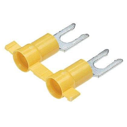 Kilitleme çatal terminal vinil, izole huni girişi, plastik yalıtım, 12- 10 AWG kablo aralığı, 8. saplama boyutu kıvrım verilmiştir.