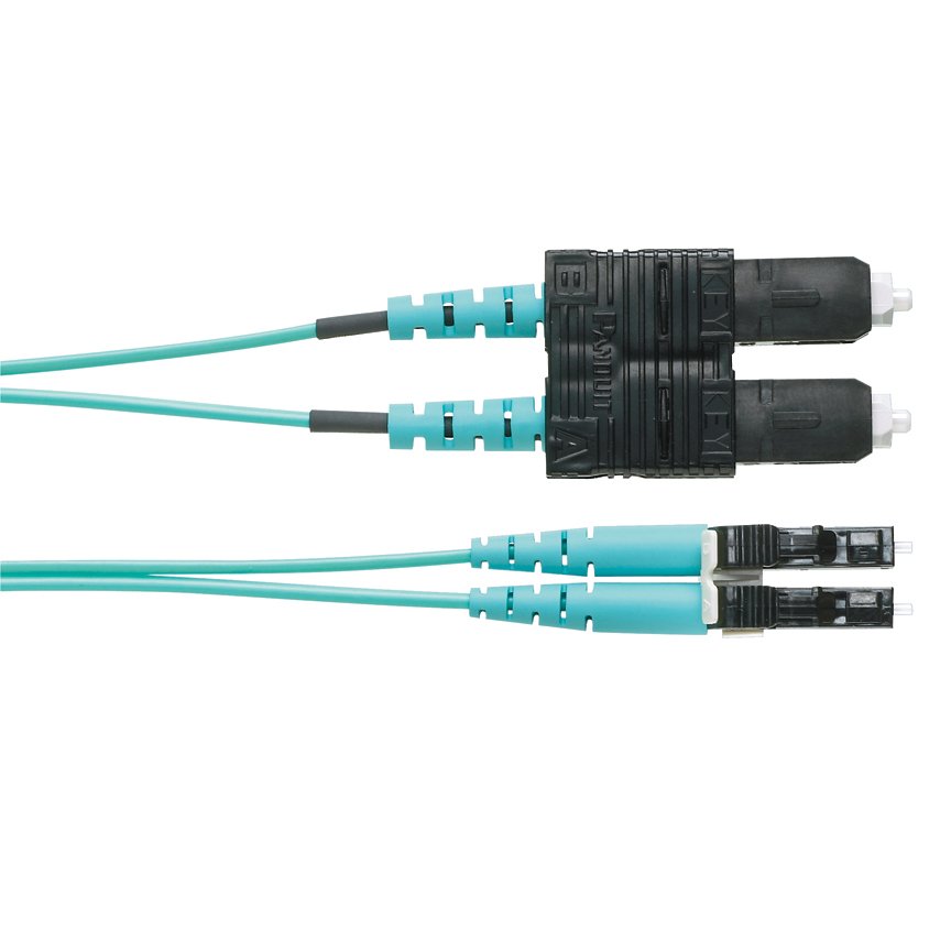 OM3 2-fiber, 1,6 mm jacket, Patchcord, Yükseltici (OFNR) derecelendirmeli, LC duplex'ten SC duplex'e, Std. IL.