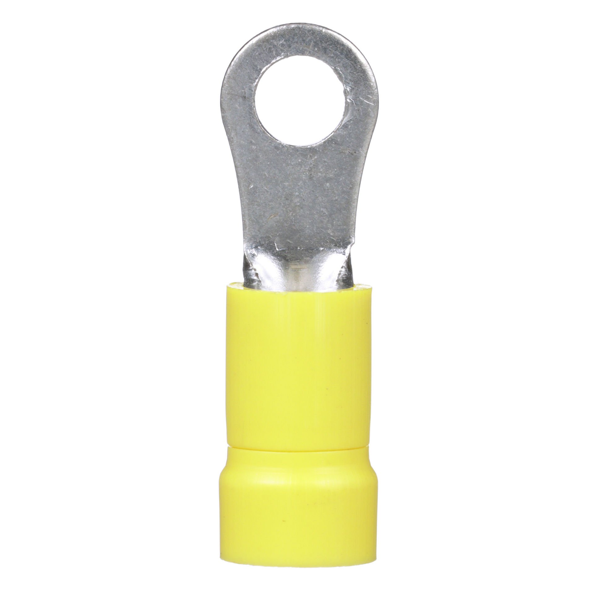 Halka terminal, 12-10 AWG, 8. saplama boyutu, vinil izolasyonlu, huni girişi, standart paket.