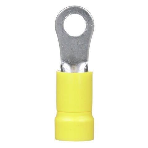 Halka terminal, 12-10 AWG, 8. saplama boyutu, vinil izolasyonlu, huni girişi, standart paket.