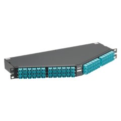 QuickNet HDQ Serisi Yüksek Yoğunluklu Fiber Optik kaset, 1RU Açılı 144-lif S-tipi etiketleme, OM4 12-lif MTP