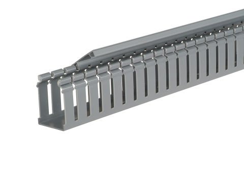Panduct® tip H kapak geniş yarık kablo kanalı, 4 W x 4 H, 6' uzunluğunda, PVC, açık gri menteşeli.