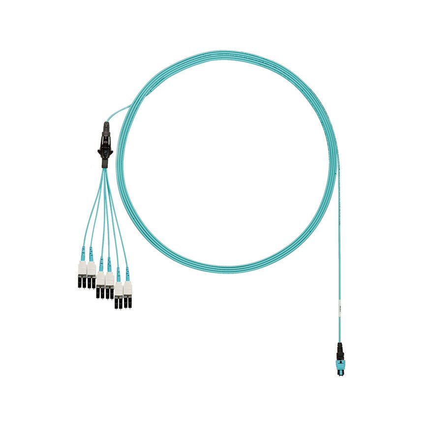 OM4 12 fiber yuvarlak demeti kablo düzeneği olup, düşük duman sıfır halojen (LSZH), LC Uniboot, çapraz çiftler, 1 ve 2 uzun, Std PanMPO Erkek puan. IL. Aqua, 2 metre.