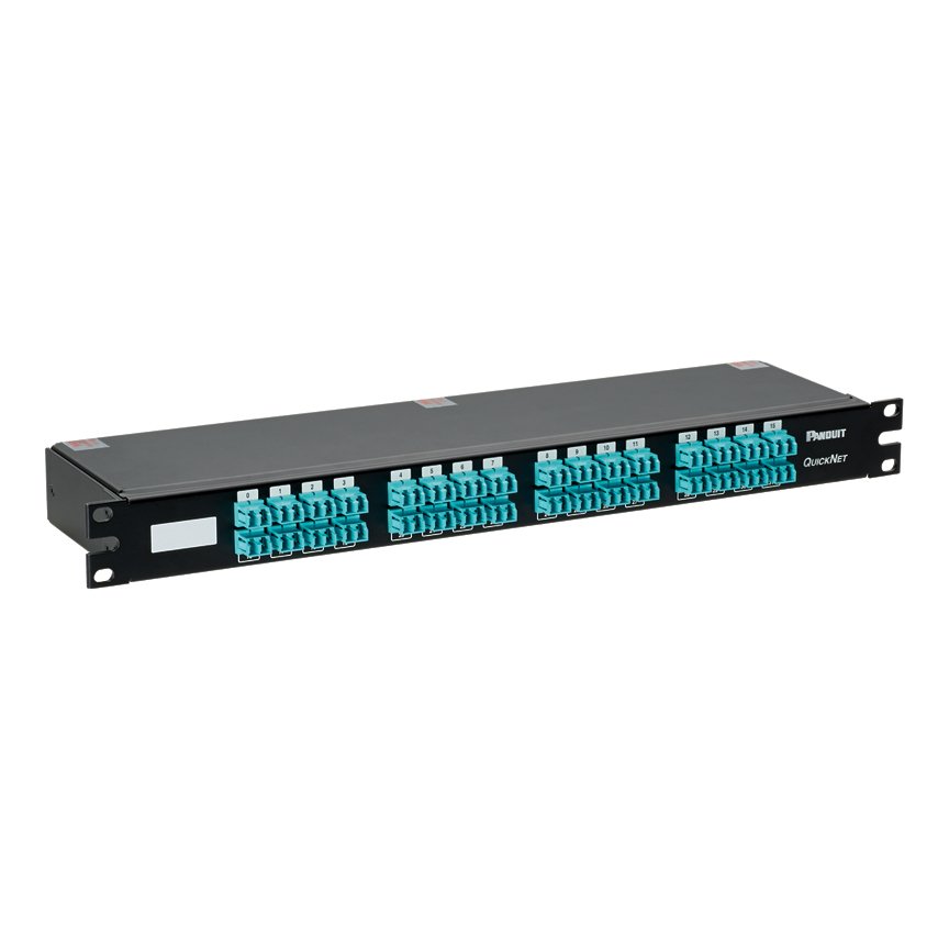 QuickNet HDQ Serisi Yüksek Yoğunluklu Fiber Optik kaset, OM3 64 lif, Brocade tipi etiketleme, HDQ kaset, 1 RU düz profili, optimize kaybı, 8-lif MTP